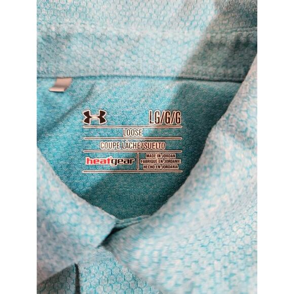 Under Armour Polo Shirt Mens Large Blue Short Sleeve Golf Athleisure Geometric - Picture 2 of 10